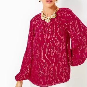 NWT Lilly Pulitzer Noraleen Silk Top Long Sleeved Metallic Red Women’s XS